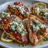 Juicy marinated Greek Chicken with Lemon and Feta, topped with crumbled feta and herbs, served alongside crisp vegetables.
