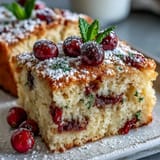 Freshly baked Cranberry Orange Breakfast Cake sits on a wire rack, dusted with powdered sugar, perfect for a cozy morning brunch.