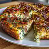 Hearty ham and Swiss cheese frittata baked to fluffy perfection, loaded with fresh spinach and juicy cherry tomatoes.  