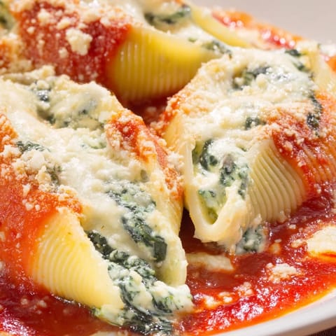 Tender jumbo Stuffed Shells arranged in a baking dish, ready to serve with a sprinkle of Parmesan and fresh herbs.