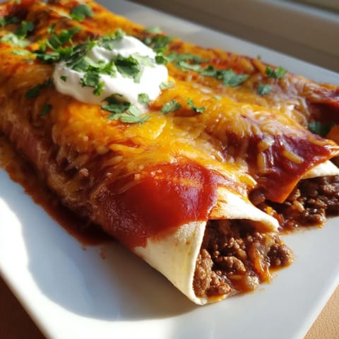 Close-up of Beef Enchiladas topped with sour cream, revealing seasoned beef and melted cheese inside. 