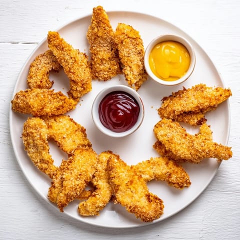 Homemade Chicken Tenders stacked high, paired with smoky barbecue sauce and a side of fries.