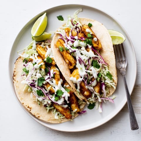 White fish tacos garnished with fresh cilantro and lime wedges, served with a tangy sauce.