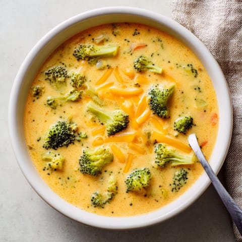 A ladle of hearty Broccoli Cheese Soup reveals tender broccoli florets and melted cheddar in a rustic pot.