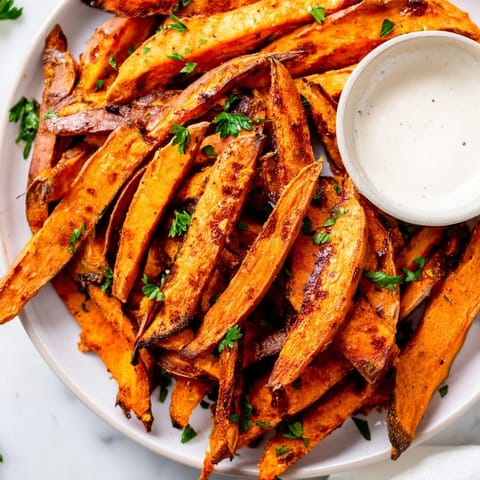 Golden-brown homemade Sweet Potato Fries baked to crispy perfection, served warm in a rustic basket with creamy aioli.
