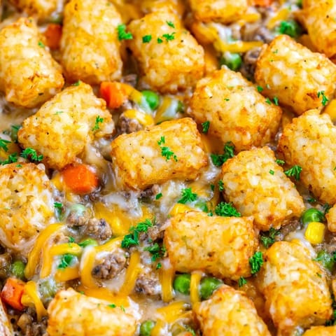 Hearty Tater Tot Casserole with seasoned beef and veggies, bubbling with creamy sauce inside.