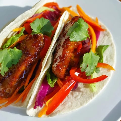 A close-up of a honey sriracha chicken wrap sliced in half, revealing colorful veggies and saucy chicken inside.