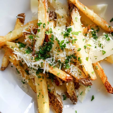 Crispy oven-baked Truffle Parmesan Fries served hot with a side of garlic aioli for dipping.