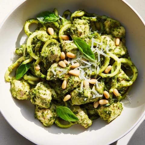Tender chicken pieces and bright zucchini noodles coated in basil pesto fill this vibrant Pesto Zucchini Chicken Bowl.