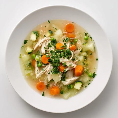 A hearty ladle of Spring Garden Chicken Soup releases fragrant steam over fresh parsley, celery, and bright green zucchini.  