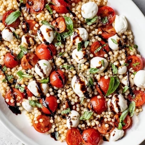 A close-up of Caprese Couscous Salad in a white bowl, featuring glossy balsamic glaze drizzled over mozzarella, tomatoes, and couscous.
