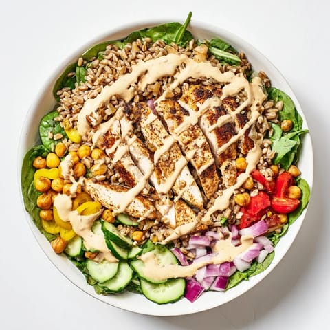 Golden roasted chicken and crispy chickpeas top a bed of farro and greens in this vibrant Lemon Tahini Chicken Power Bowl, ready to serve.