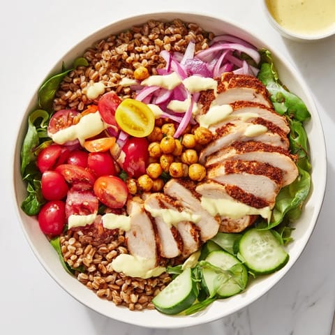 Sliced roasted chicken rests on hearty farro and mixed greens, with cucumbers and tomatoes adding fresh color to this nourishing Lemon Tahini Chicken Power Bowl.