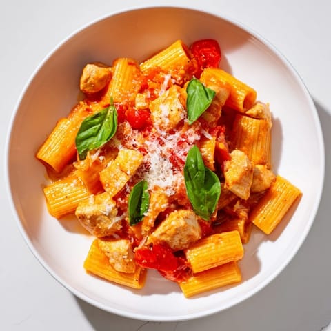 Steaming bowl of Tomato Basil Chicken Pasta garnished with Parmesan cheese and basil leaves, a colorful Italian-inspired main dish ready to serve.