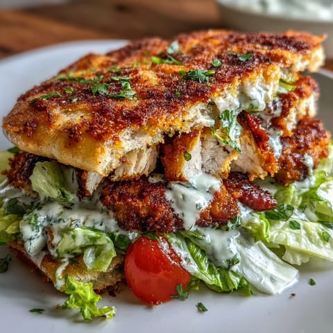 Golden crispy herbed chicken nestled in warm pitas with fresh Caesar salad.