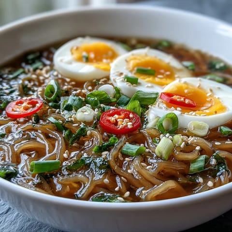 A steaming bowl of Shirataki Noodles with Broth, topped with vibrant green onions.