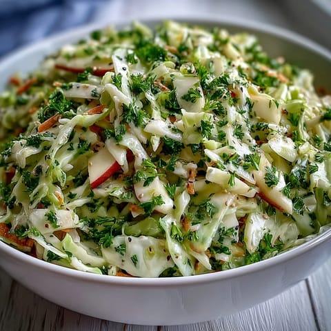 Crisp Green Cabbage and Apple Slaw glistening with tangy dressing, perfect picnic side.