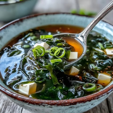 Steaming bowl of wakame soup with tender tofu, vibrant green scallions.