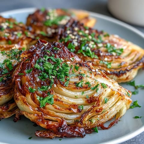Golden roasted cabbage steaks drizzled with creamy tahini sauce, a hearty vegan main dish.