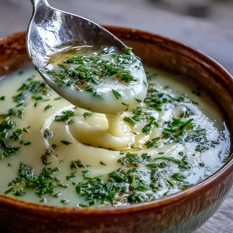 Aromatic Garlic and Herb Soup simmering in a pot with diced potatoes, leeks, and fresh thyme leaves.