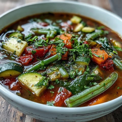 A hearty bowl of Italian Herb Vegetable Soup, packed with vibrant zucchini and carrots, topped with fresh parsley.
