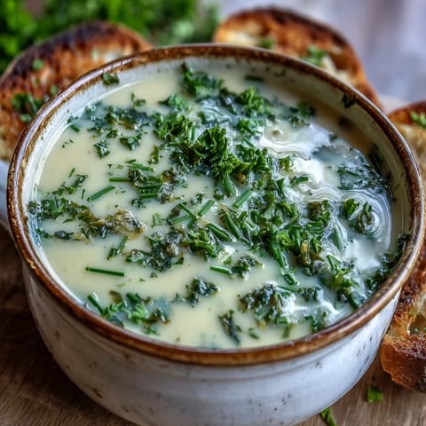 Warm roasted garlic and herb soup simmering in a pot, with a wooden spoon resting beside fresh thyme and parsley.