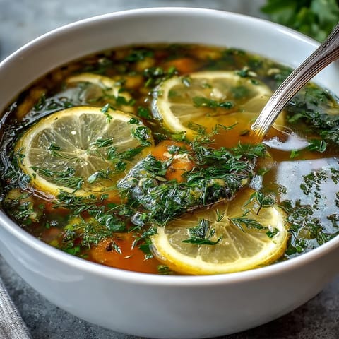 Steaming bowl of Lemon Herb Soup garnished with fresh parsley and lemon slices. 