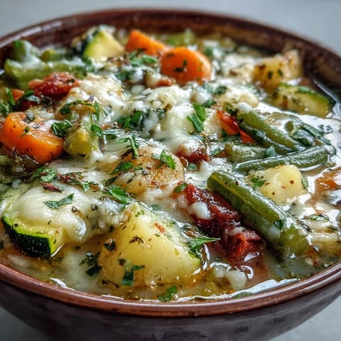Creamy Parmesan Veggie Soup steaming in a bowl with fresh parsley garnish and crusty bread on the side.