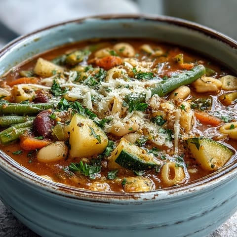 A ladle pours hot Italian minestrone, showcasing tender vegetables and creamy cannellini beans in rich tomato broth.