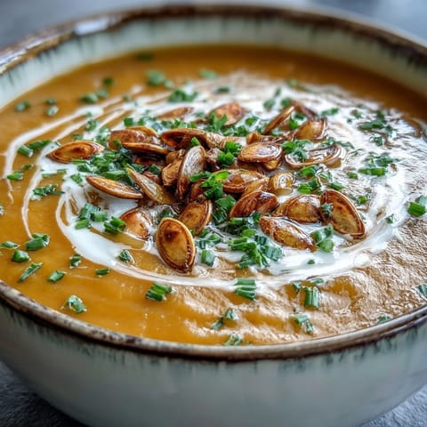 Creamy acorn squash soup served in a rustic white bowl, garnished with pumpkin seeds and fresh chives.