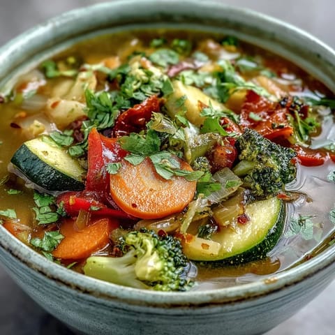 Fragrant ginger vegetable soup steams in a rustic bowl, garnished with fresh cilantro and sesame seeds.
