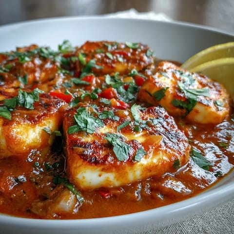 Golden pan-fried halloumi cubes are simmered in a creamy tomato curry, garnished with fresh cilantro and served with rice.