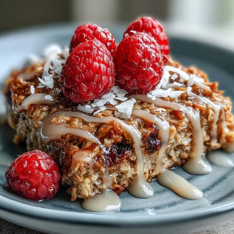 A serving of baked oatmeal with raspberry and coconut on a plate, topped with fresh berries and a maple drizzle.