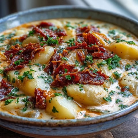 A bowl of hearty Potato, Leek and Chorizo Soup topped with fresh parsley and crispy chorizo pieces, served with crusty bread.