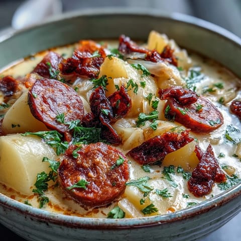 Creamy Potato, Leek and Chorizo Soup simmering in a rustic pot, highlighting the vibrant green leeks and smoky sausage.