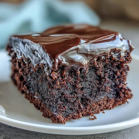 Two layers of rich Easy Chocolate Fudge Cake sit on a wire rack, perfectly moist with a few tender crumbs visible on the cut edges.