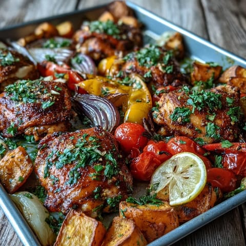 Golden-brown, juicy piri-piri chicken thighs roasted alongside tender sweet potato chunks and vibrant bell peppers on a sheet pan.