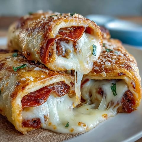 Golden-brown, freshly baked Irresistible High Protein Pepperoni Pizza Rolls with bubbling mozzarella and Parmesan topping.