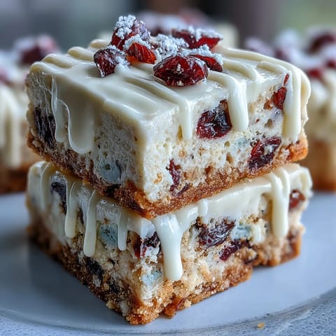 Freshly baked Cranberry Bliss Bars stacked on a white platter, showing creamy orange frosting, white chocolate drizzle, and tart cranberries. 