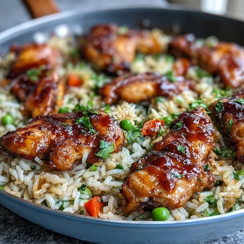 Vibrant One-Pan Bold Honey BBQ Chicken Rice features glazed chicken thighs and fluffy rice mixed with colorful bell peppers and peas.