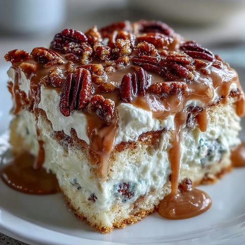 Buttery toasted pecans and fluffy whipped cream garnish a soaked slice of homemade Butter Pecan Tres Leches Cake for a sweet dessert.