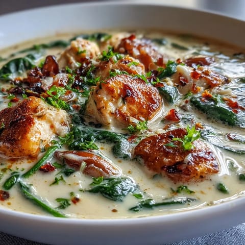 Tender chicken and wilted spinach swim in a velvety, garlicky broth with Parmesan garnish.