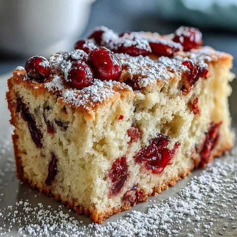 A slice of Cranberry Orange Breakfast Cake is lifted from the pan, revealing a moist, tender crumb studded with vibrant orange zest and tart cranberries.