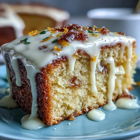 Golden-brown Heavenly Blood Orange Yogurt Cake, freshly baked with a moist crumb, topped with vibrant, glossy citrus icing.  