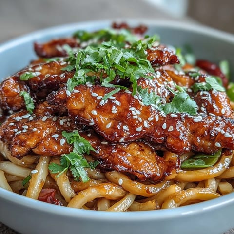 Sesame Chicken Noodle Bowl with tender chicken, crisp vegetables, and toasted sesame seeds garnish.