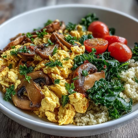 Bright and colorful Scrambled Tofu Breakfast Bowl featuring golden turmeric tofu, sautéed mushrooms, and kale over fluffy whole wheat couscous.