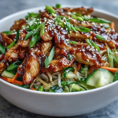 Overhead view of Asian Chicken Noodle Bowl with sliced chicken, fresh vegetables, and sesame seeds.