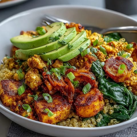 Golden tofu scramble vegan breakfast bowl topped with creamy avocado slices and fresh green onions.