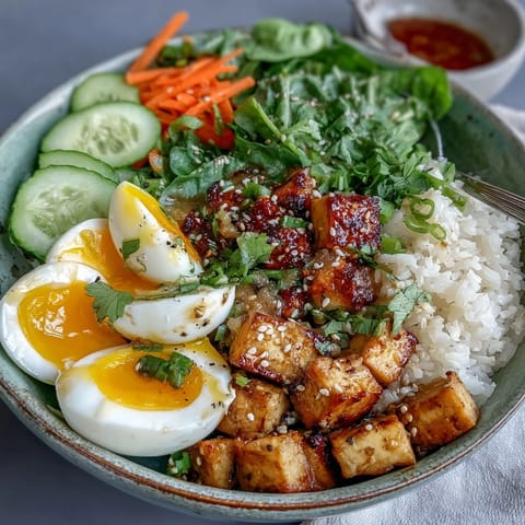 Tofu Jammy Egg Breakfast Bowl topped with halved soft eggs, crisp cucumbers, and toasted sesame seeds over warm rice.