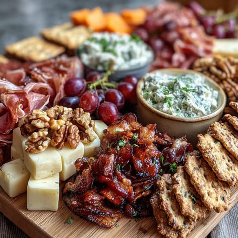 Housewarming Party Charcuterie Board with Dips and Crackers: A vibrant spread of cured meats, cheeses, and fresh produce arranged for easy sharing and celebration.